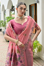Thumbnail for Vishnu Weaves Women's Pink Muga Cotton Thread Weaving Saree with Blouse