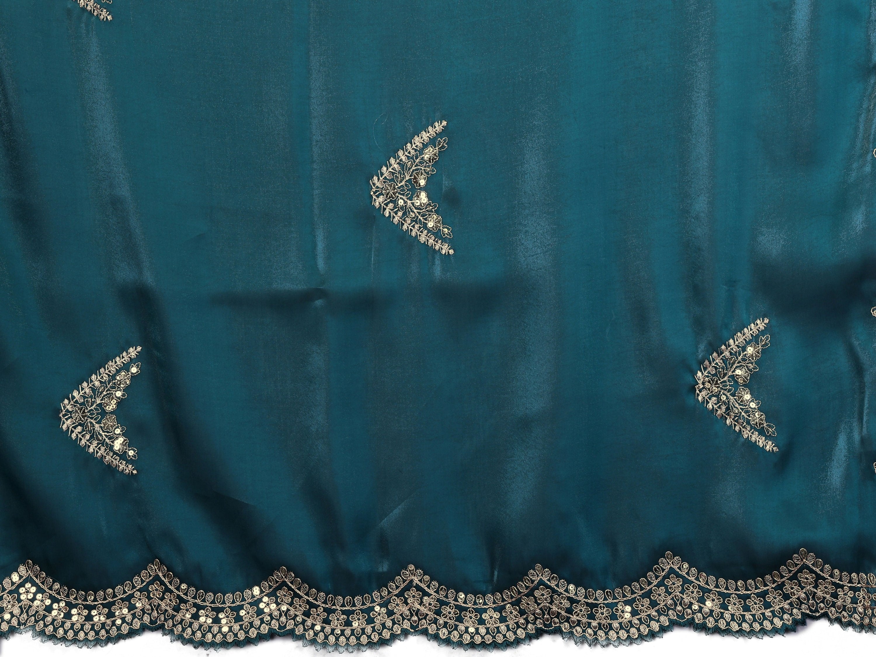 Vastranavya Teal Embroidery Work Shimmer Chiffon Saree with Unstitched Blouse