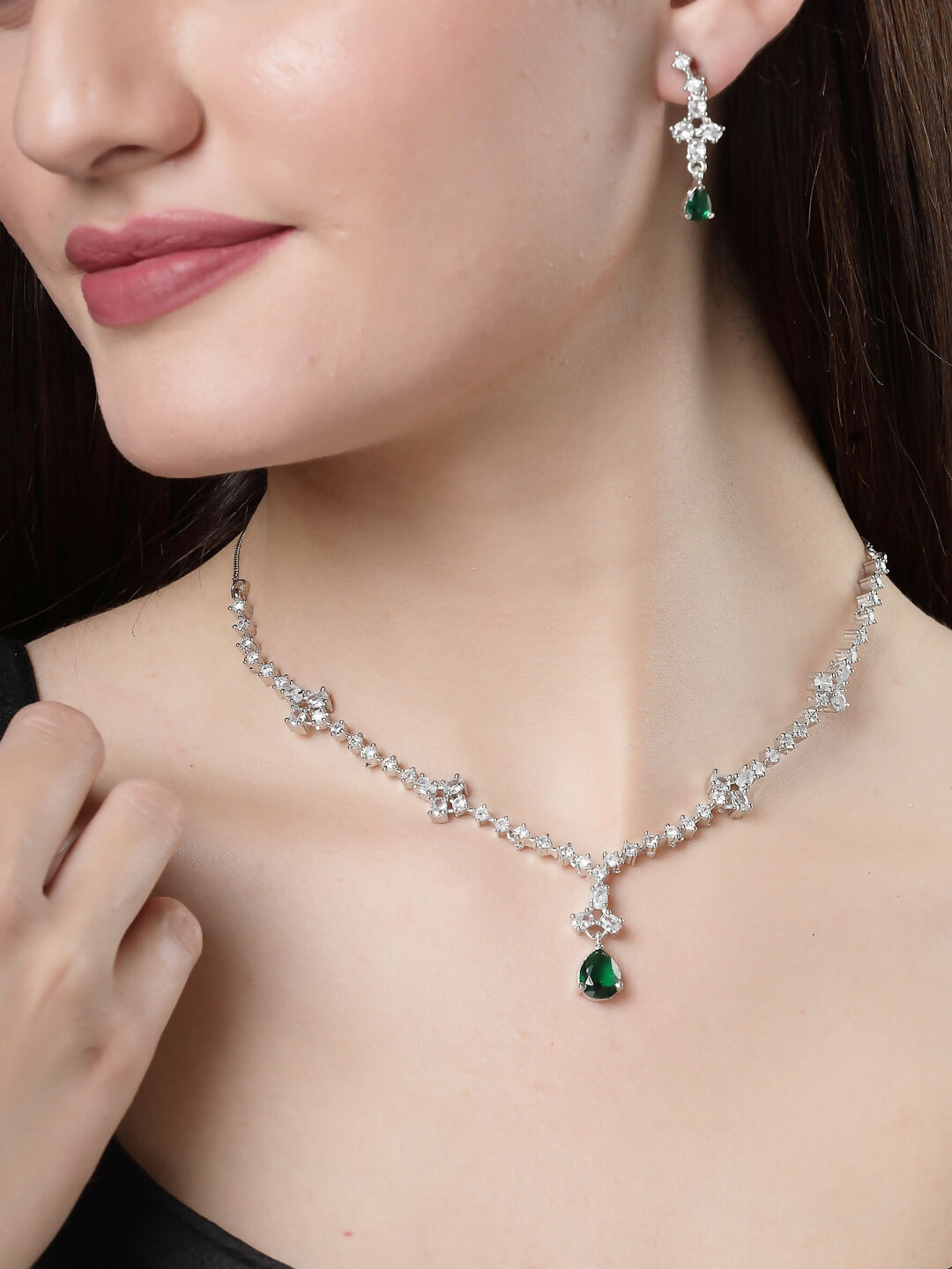 NVR Women's Silver-Plated Green American Diamond Studded Jewellery Set - Distacart