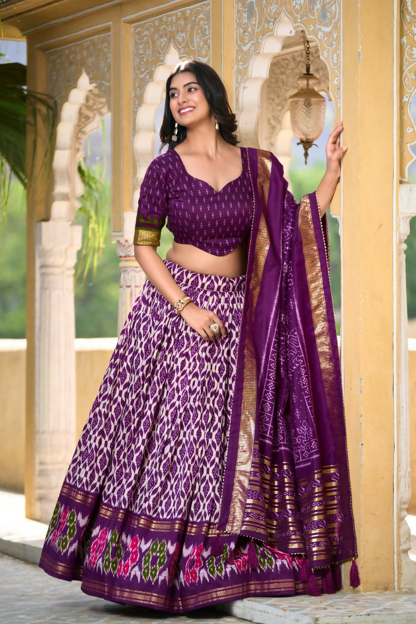 Vastranavya Designer Ikkat Print With Foil Work Lehenga Choli - Purple - Distacart
