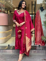 Thumbnail for The52 Maroon Beautiful Embroidered Viscose Chanderi Fabric Straight Kurta Pant with Dupatta Set - Distacart