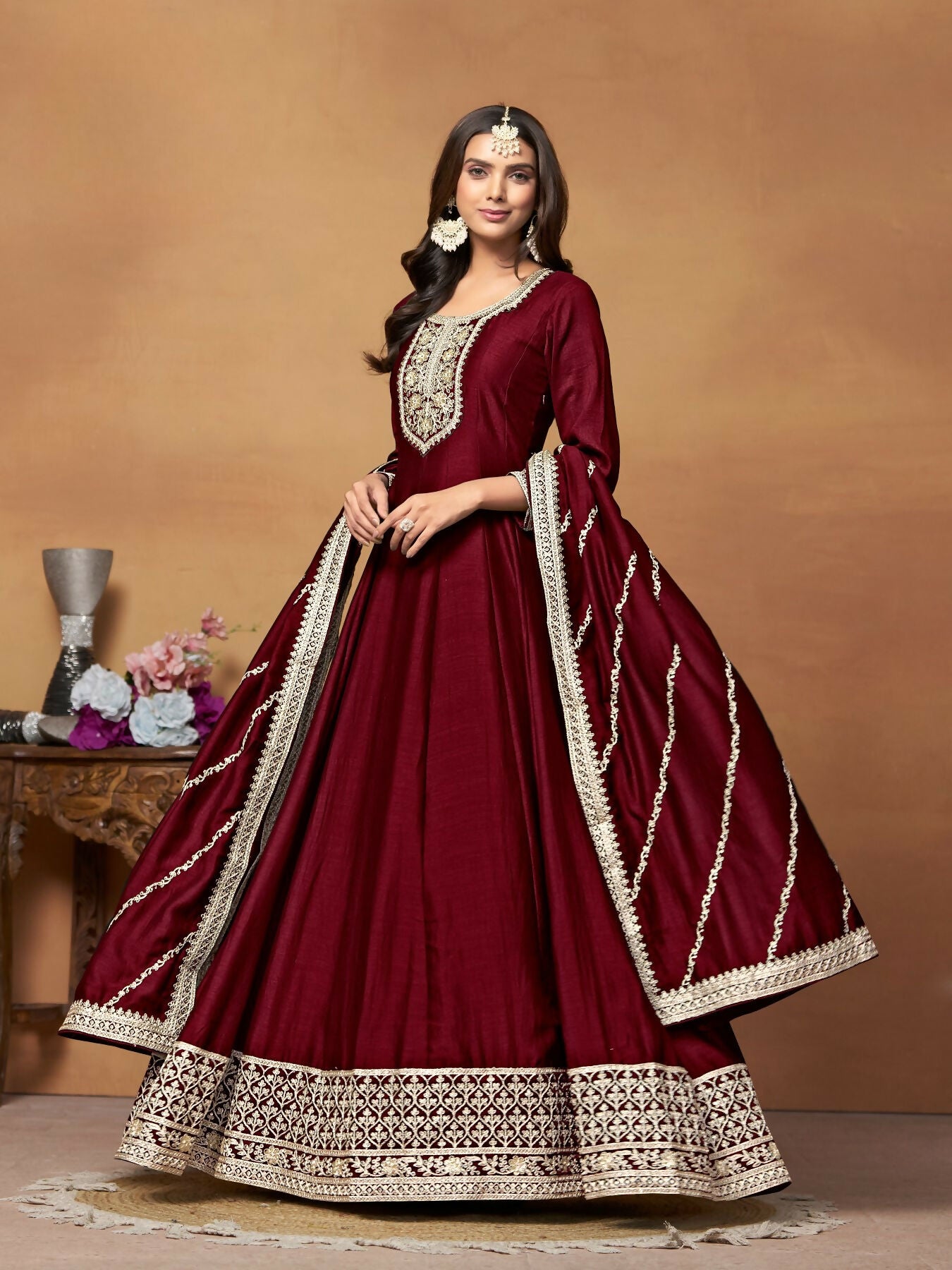 Anaita Maroon Embroidered Art Silk Anarkali Suit - Distacart