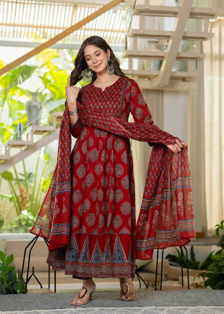 Jaimini Women Cotton Printed Round Neck 3/4 Sleeves Calf Length Flared Kurta Pant And Dupatta Set - Dista