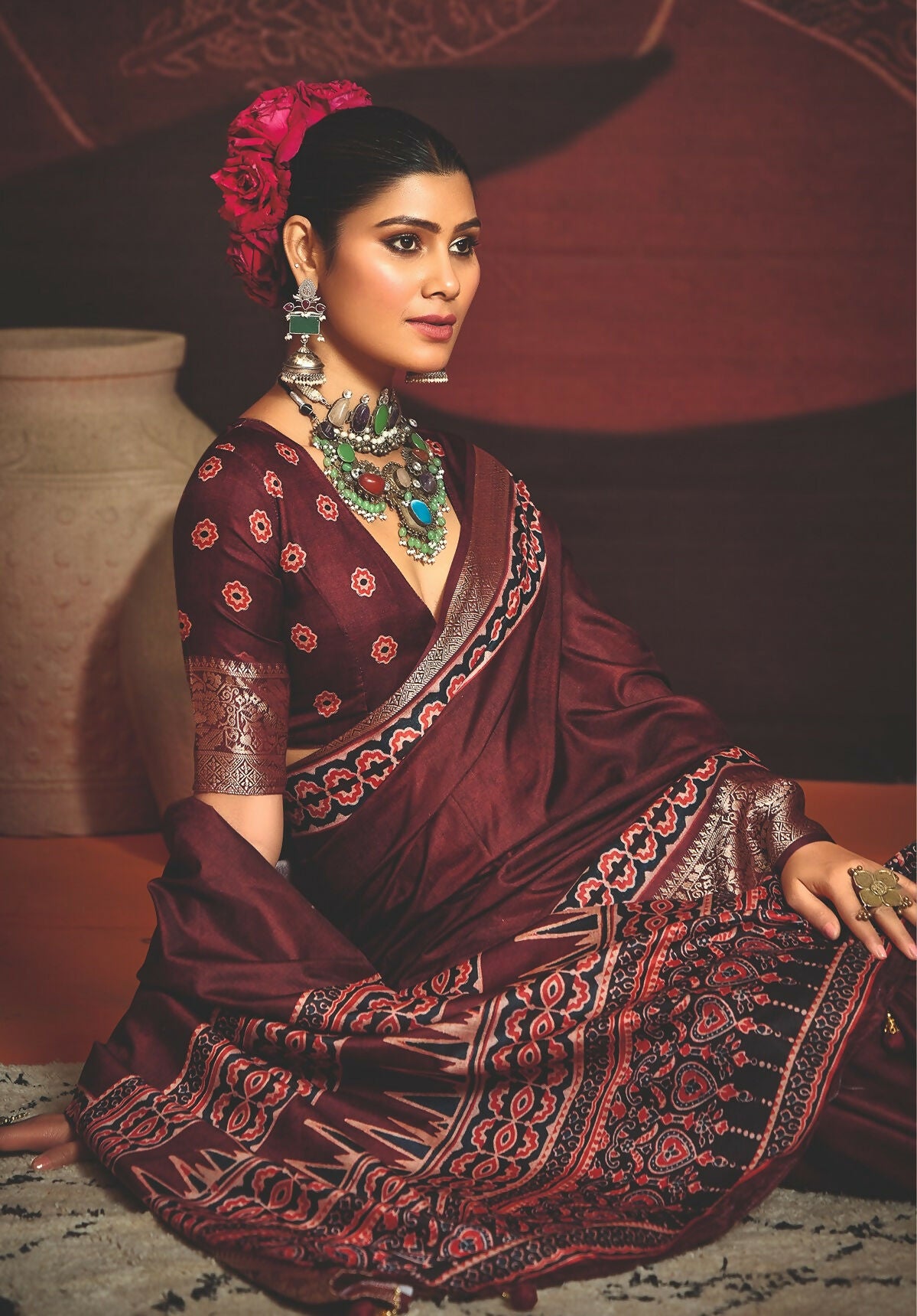 Joban Fashion Maroon Art Silk With Fine Viscose Border Ajrak Full Body Print With Soft Finish Saree