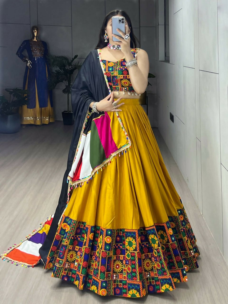 Yash Enterprise Mustard Rayon Cotton Embroidery Semi Stitched Navratri Chaniya Choli - Dista