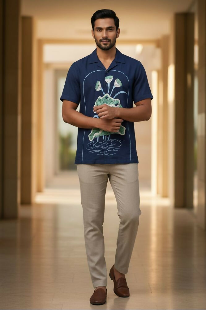 Midnight Bloom — Navy Lotus Embroidered Cotton Shirt by Hilo Design - Dista