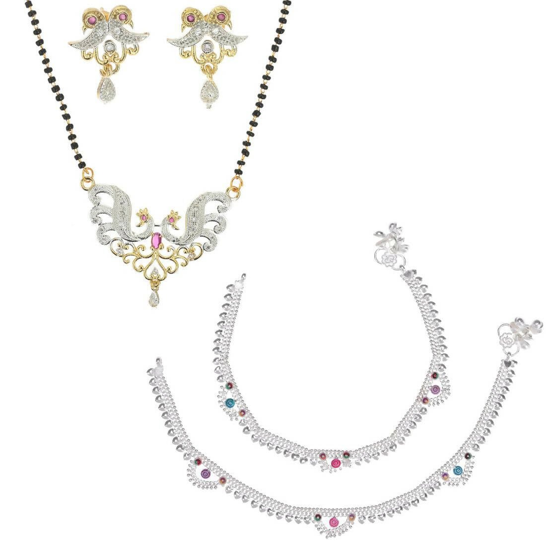 AanyaCentric Gold-plated Mangalsutra Pendant Earring Set & Silver Plated Anklet - Distacart