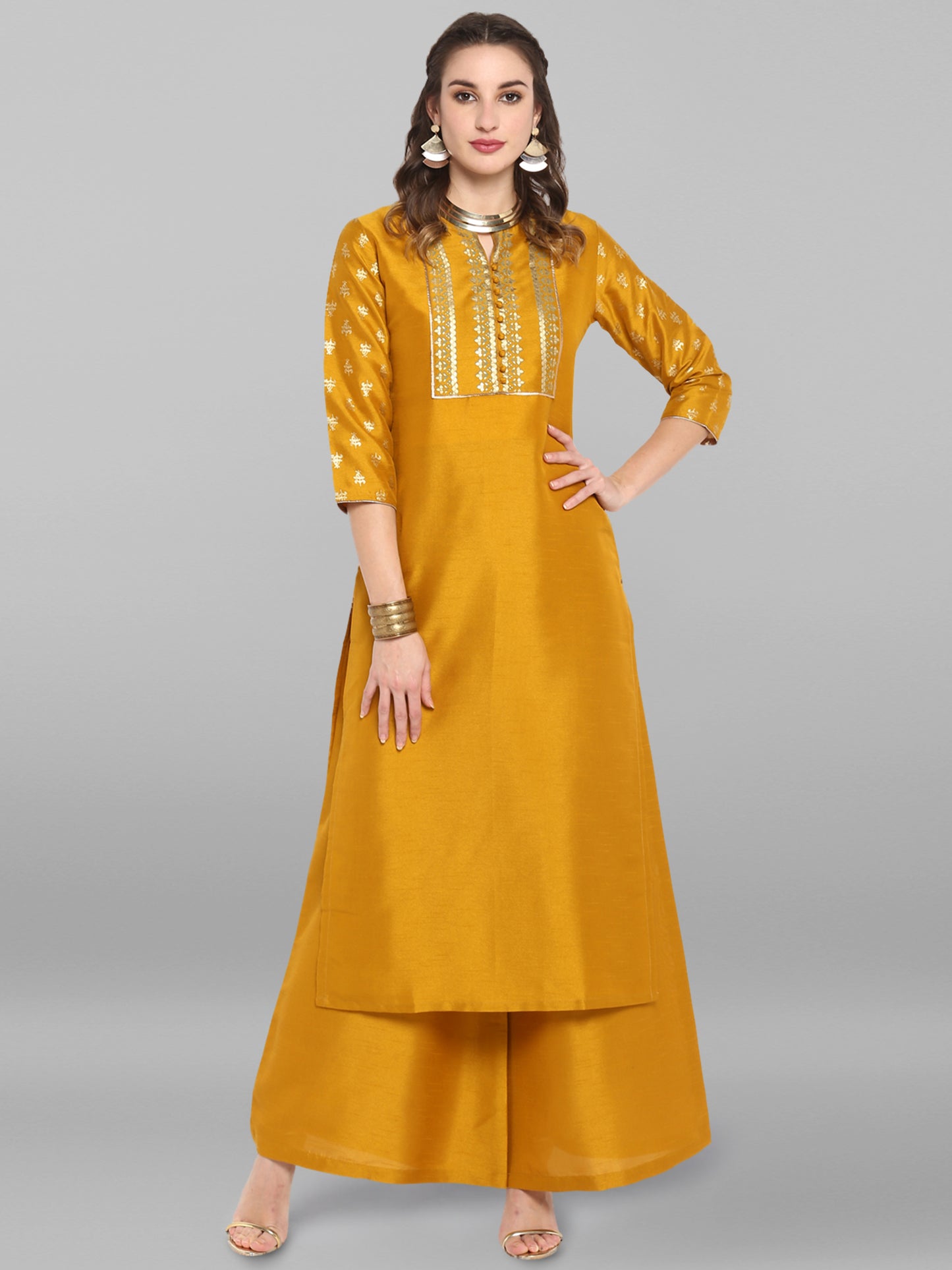 Janasya Mustard Poly Silk Foil Print Set - Distacart