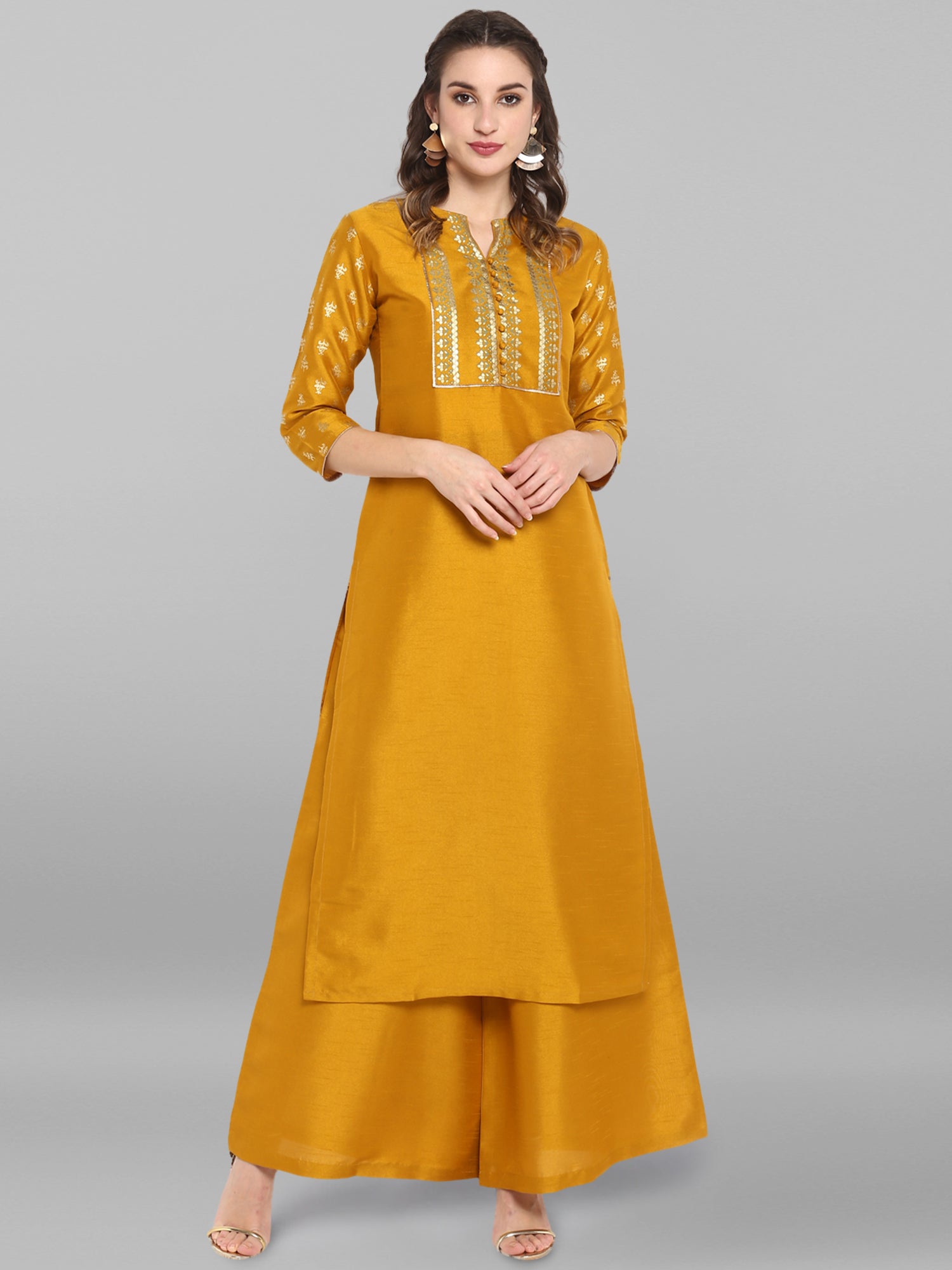 Janasya Mustard Poly Silk Foil Print Set - Distacart