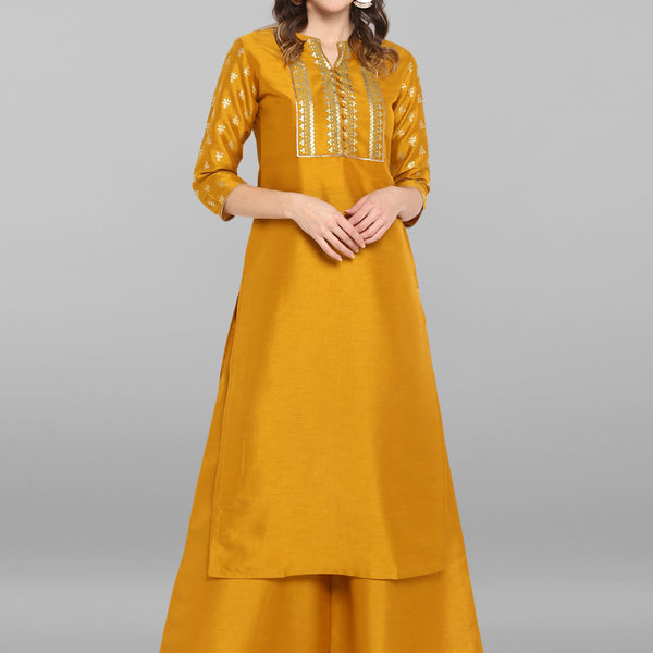 Janasya Mustard Poly Silk Foil Print Set - Distacart