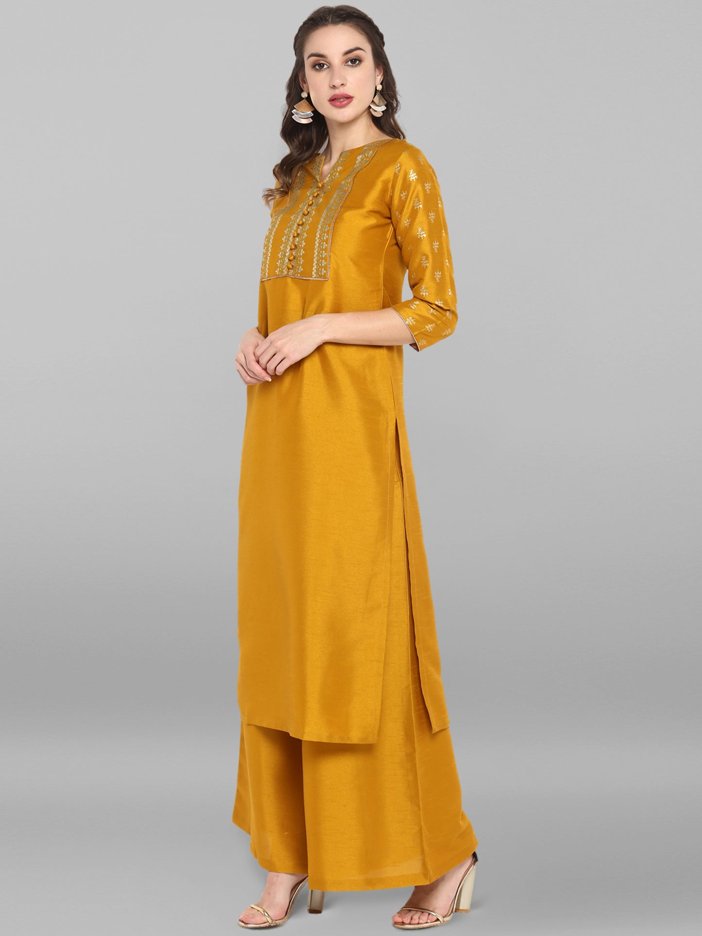 Janasya Mustard Poly Silk Foil Print Set - Distacart