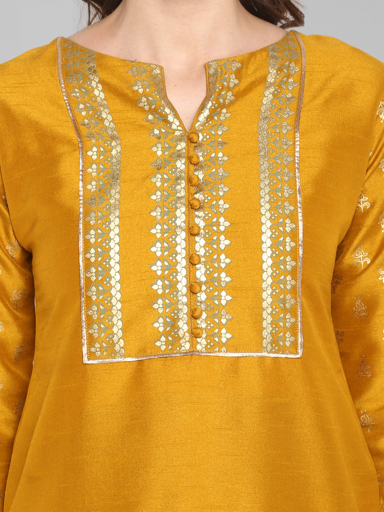 Janasya Mustard Poly Silk Foil Print Set - Distacart