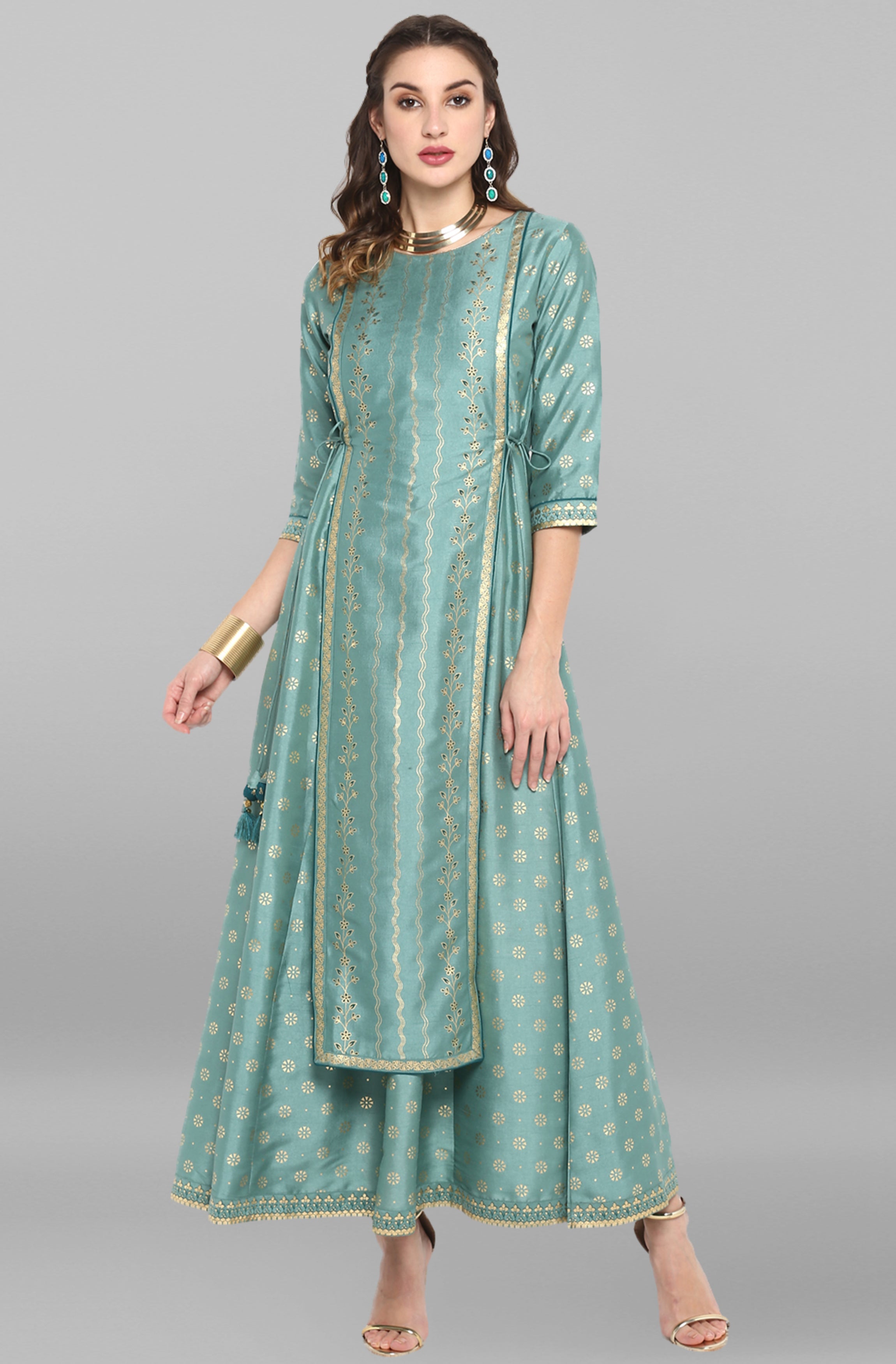 Janasya Green Rayon Crepe Foil Print Flared Ethnic Dress - Distacart
