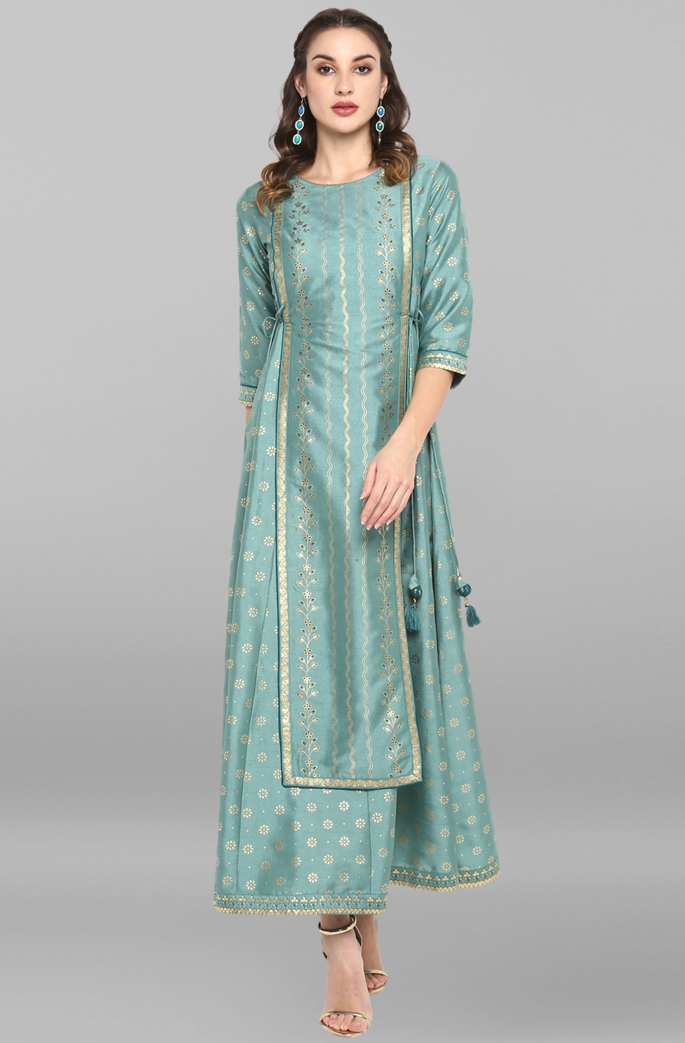 Janasya Green Rayon Crepe Foil Print Flared Ethnic Dress - Distacart