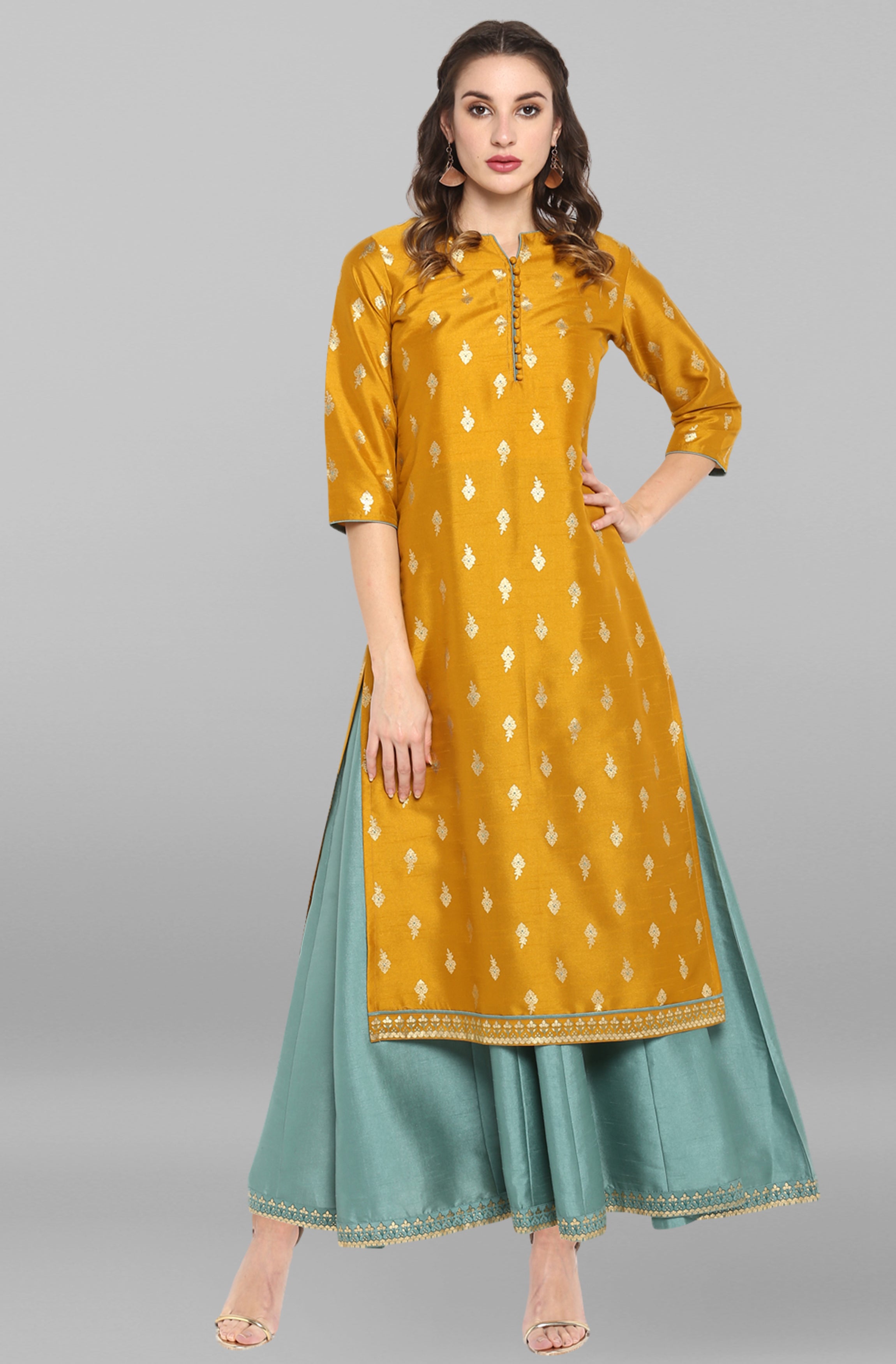 Janasya Light Green Poly Silk Gold Print Anarkali Ethnic Dress - Distacart