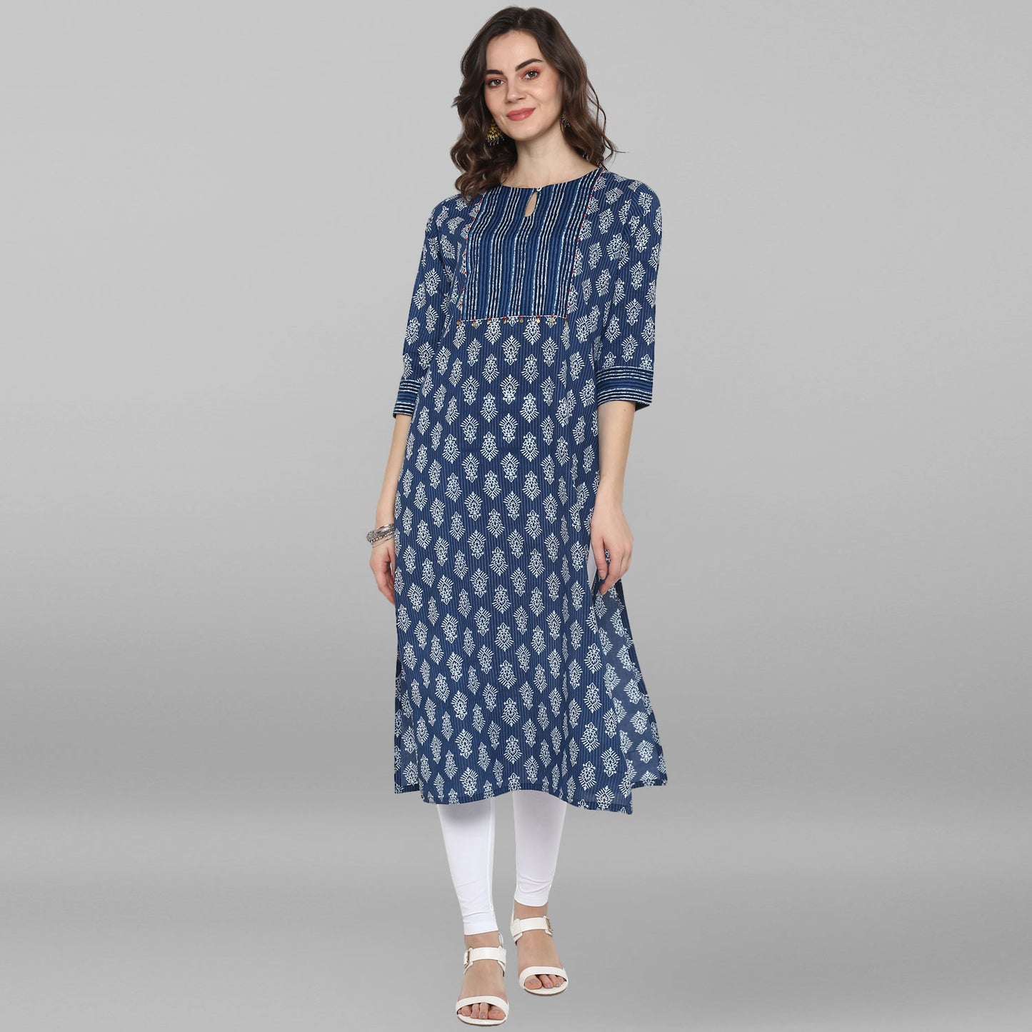 Janasya Blue Cotton Block Print Straight kurta - Distacart