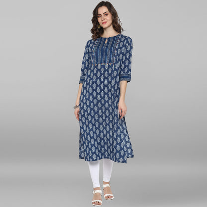 Janasya Blue Cotton Block Print Straight kurta - Distacart