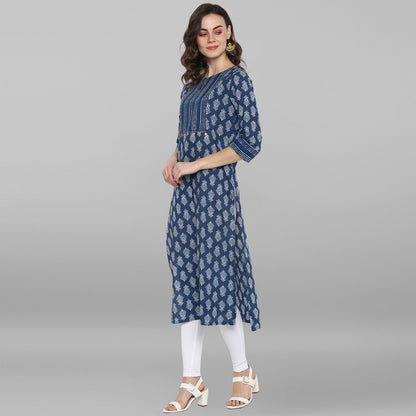Janasya Blue Cotton Block Print Straight kurta - Distacart