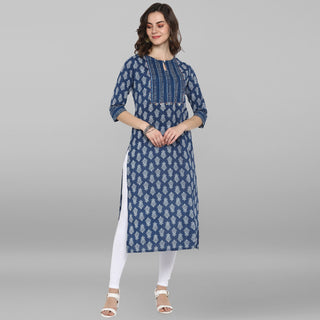 Janasya Blue Cotton Block Print Straight kurta - Distacart