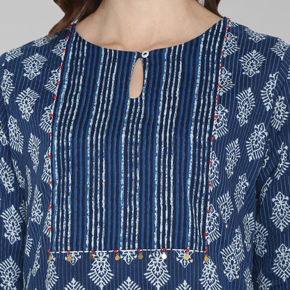 Janasya Blue Cotton Block Print Straight kurta - Distacart