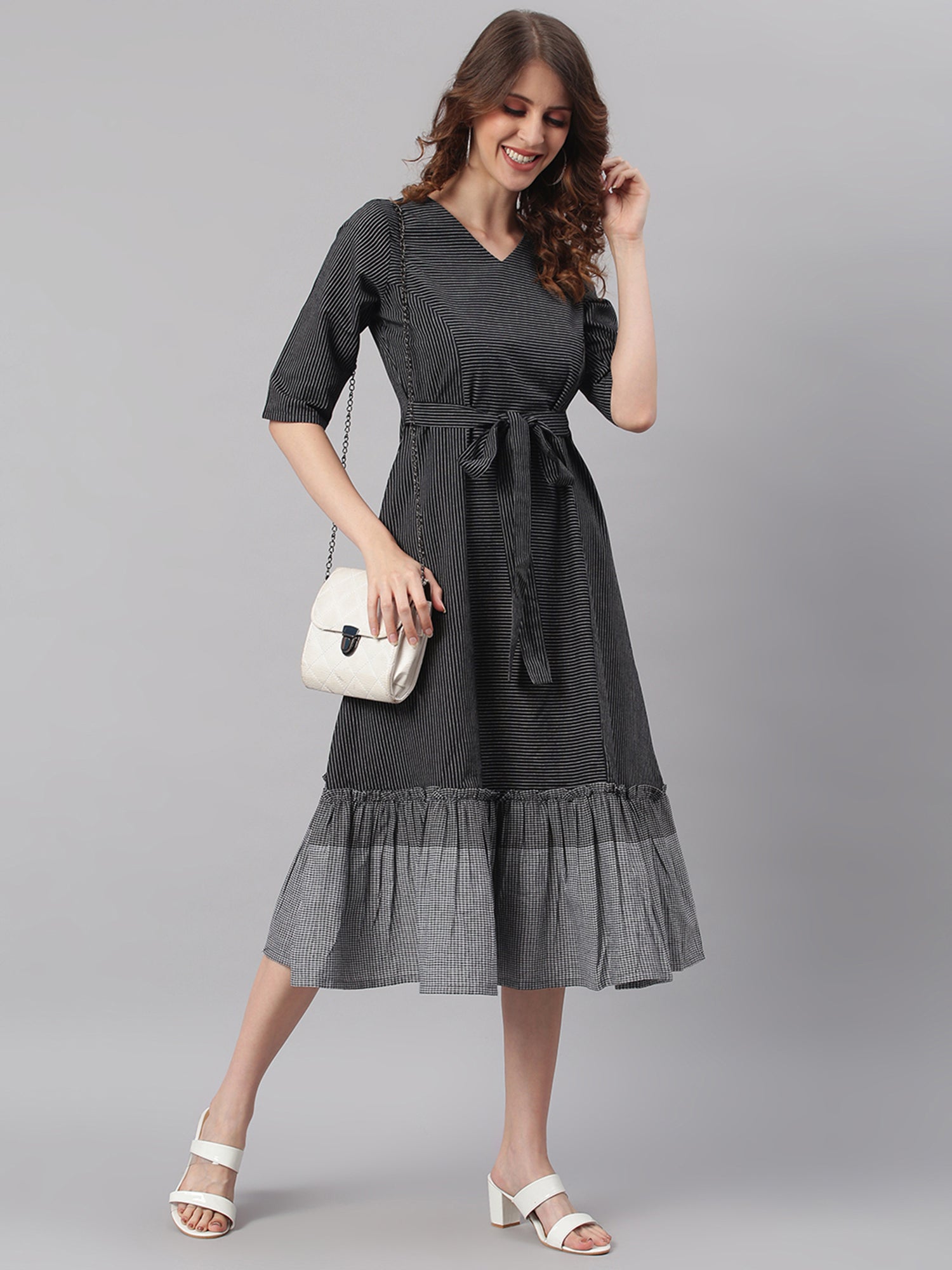 Janasya Black Cotton Striped Flared Casual Dress - Distacart