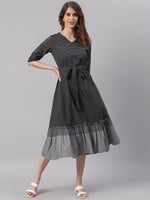 Thumbnail for Janasya Black Cotton Striped Flared Casual Dress - Distacart