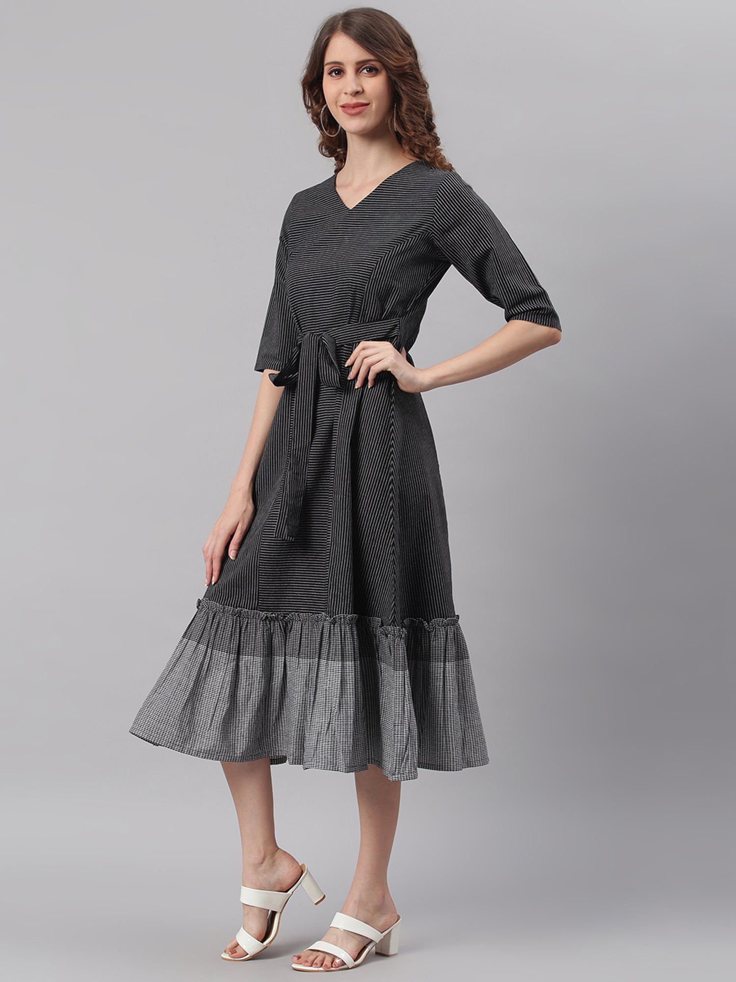 Janasya Black Cotton Striped Flared Casual Dress - Distacart