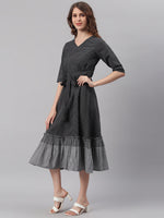 Thumbnail for Janasya Black Cotton Striped Flared Casual Dress - Distacart