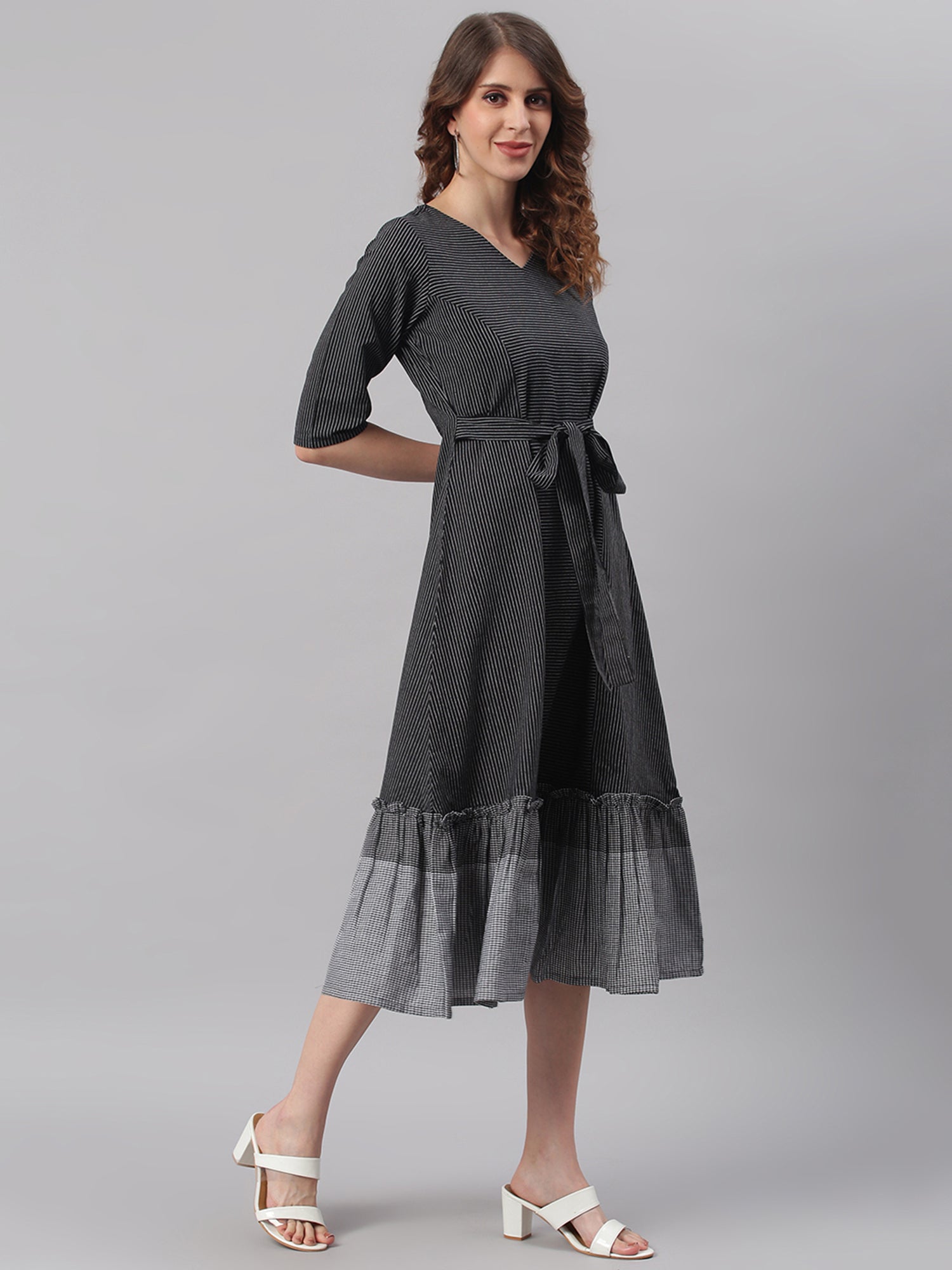 Janasya Black Cotton Striped Flared Casual Dress - Distacart