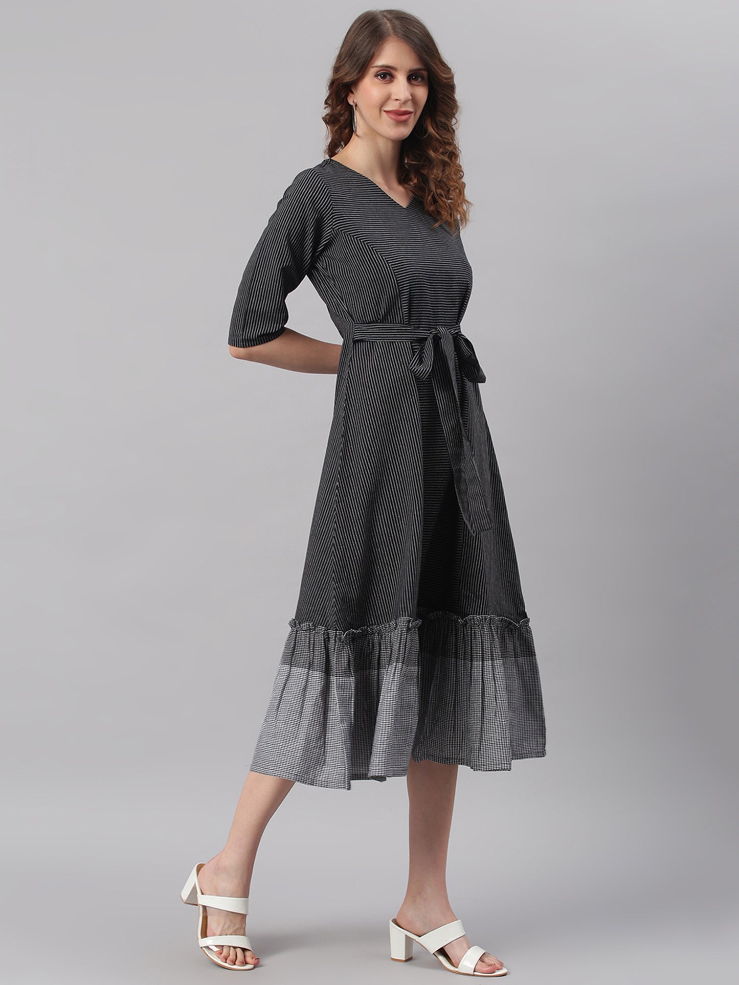 Janasya Black Cotton Striped Flared Casual Dress - Distacart