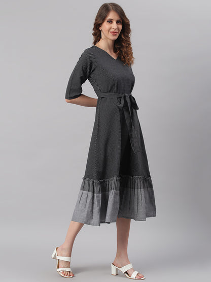 Janasya Black Cotton Striped Flared Casual Dress - Distacart