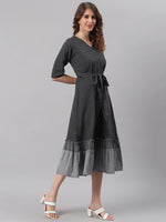 Thumbnail for Janasya Black Cotton Striped Flared Casual Dress - Distacart