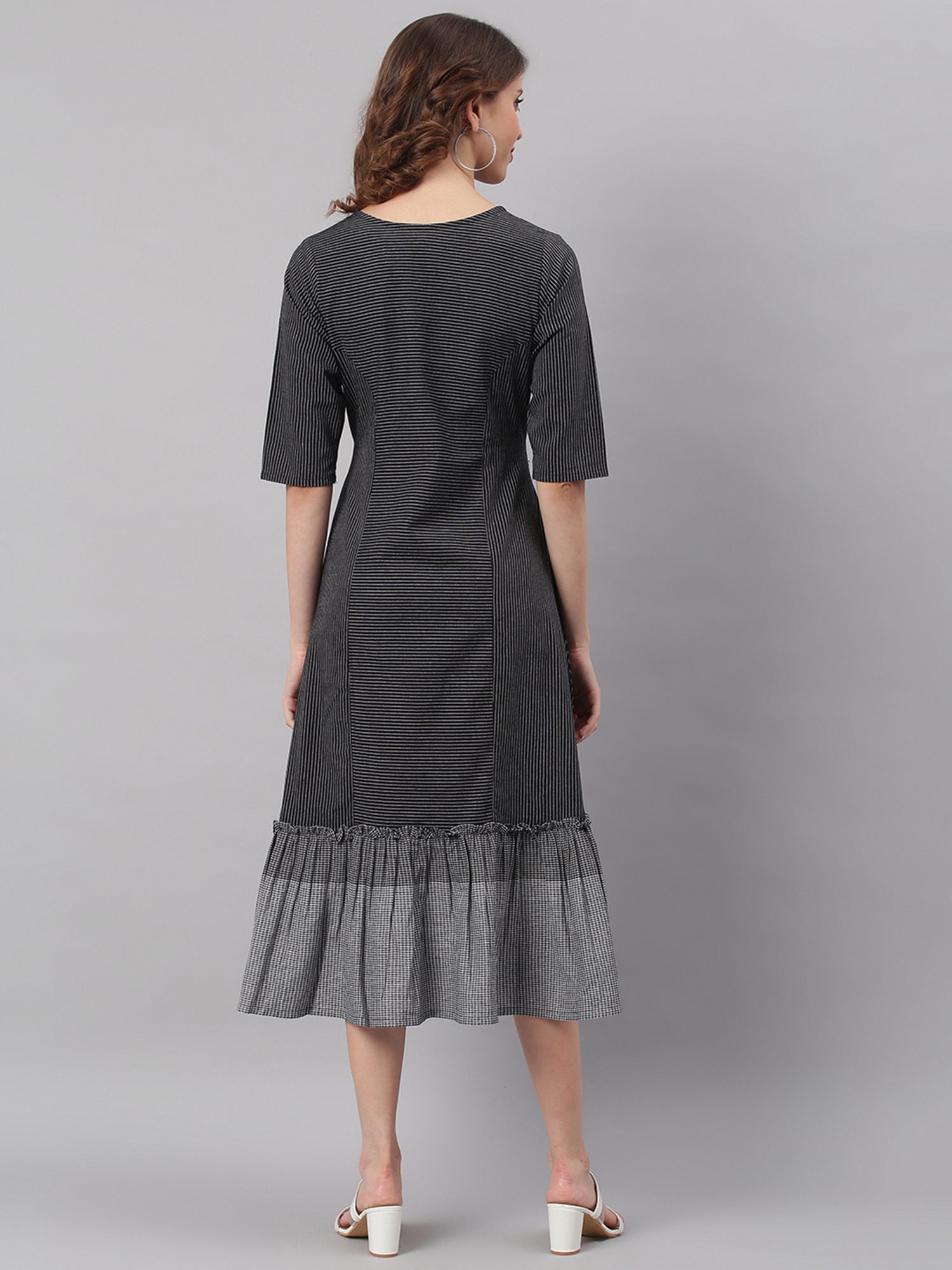 Janasya Black Cotton Striped Flared Casual Dress - Distacart