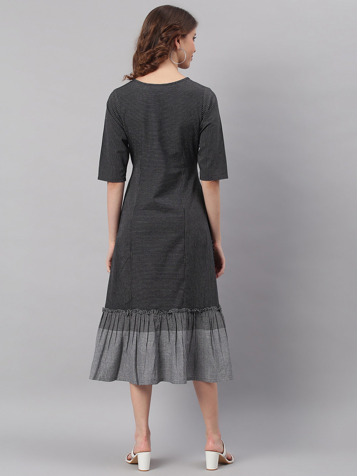 Janasya Black Cotton Striped Flared Casual Dress - Distacart