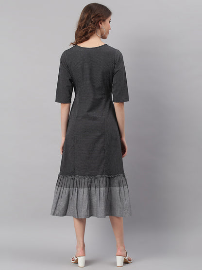 Janasya Black Cotton Striped Flared Casual Dress - Distacart