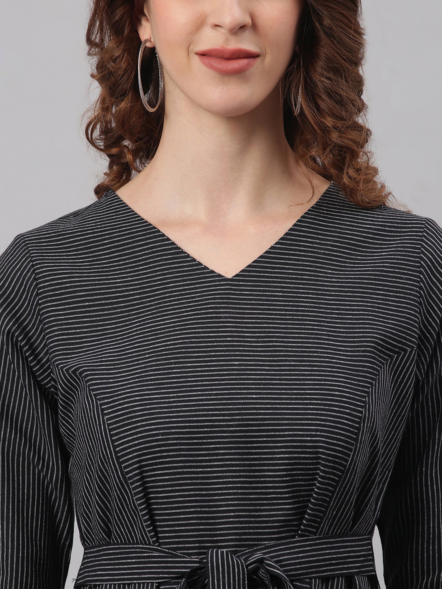 Janasya Black Cotton Striped Flared Casual Dress - Distacart