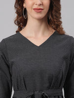 Thumbnail for Janasya Black Cotton Striped Flared Casual Dress - Distacart