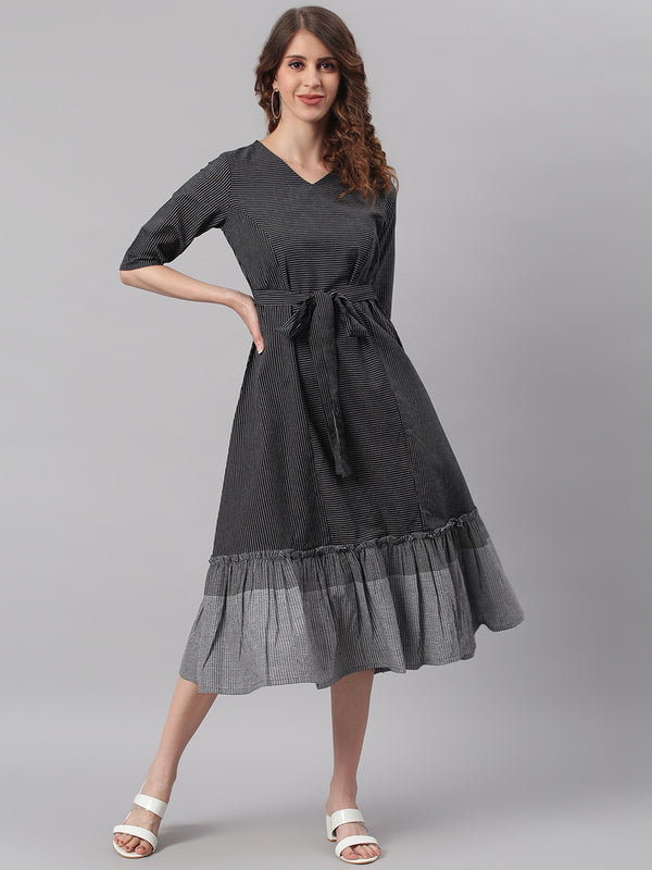 Janasya Black Cotton Striped Flared Casual Dress - Distacart