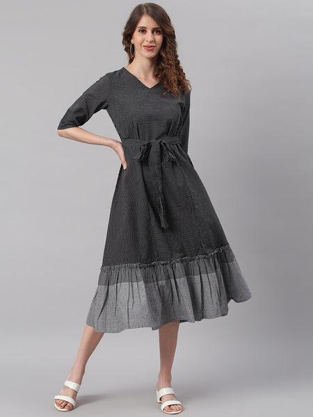 Janasya Black Cotton Striped Flared Casual Dress - Distacart