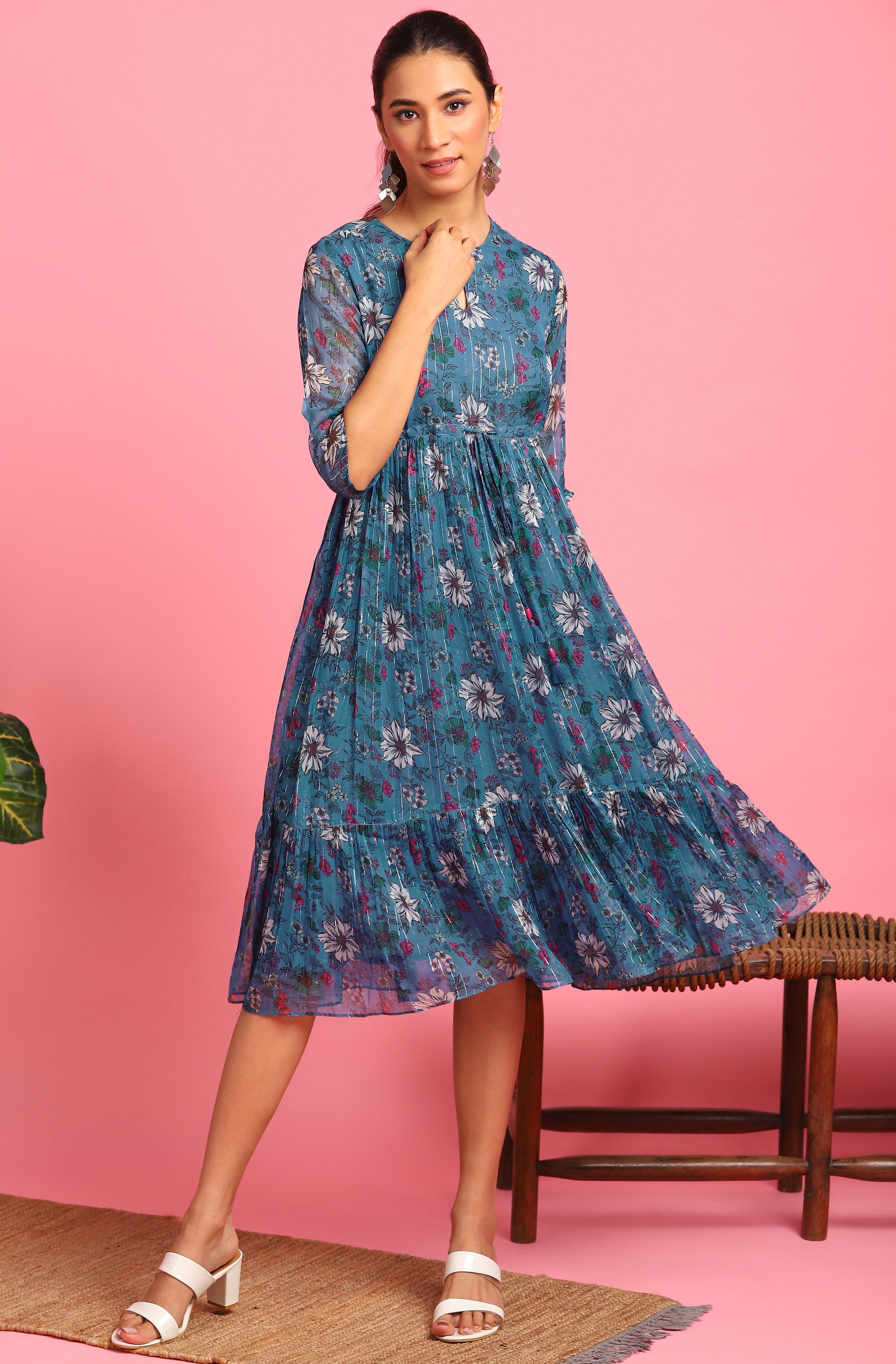 Janasya Blue Poly Georgette Floral Flared Western Dress - Distacart