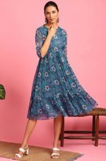 Thumbnail for Janasya Blue Poly Georgette Floral Flared Western Dress - Distacart