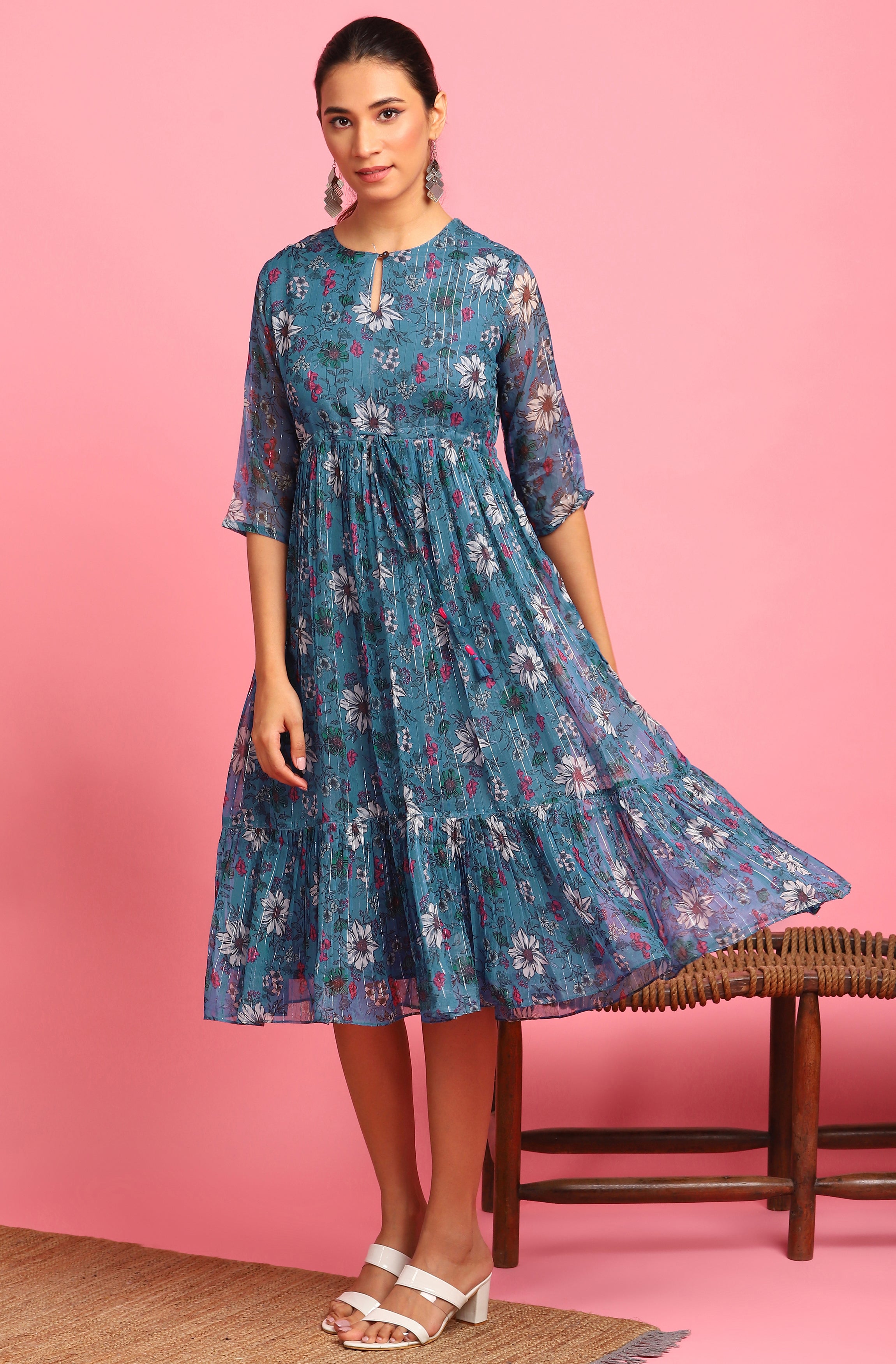 Janasya Blue Poly Georgette Floral Flared Western Dress - Distacart
