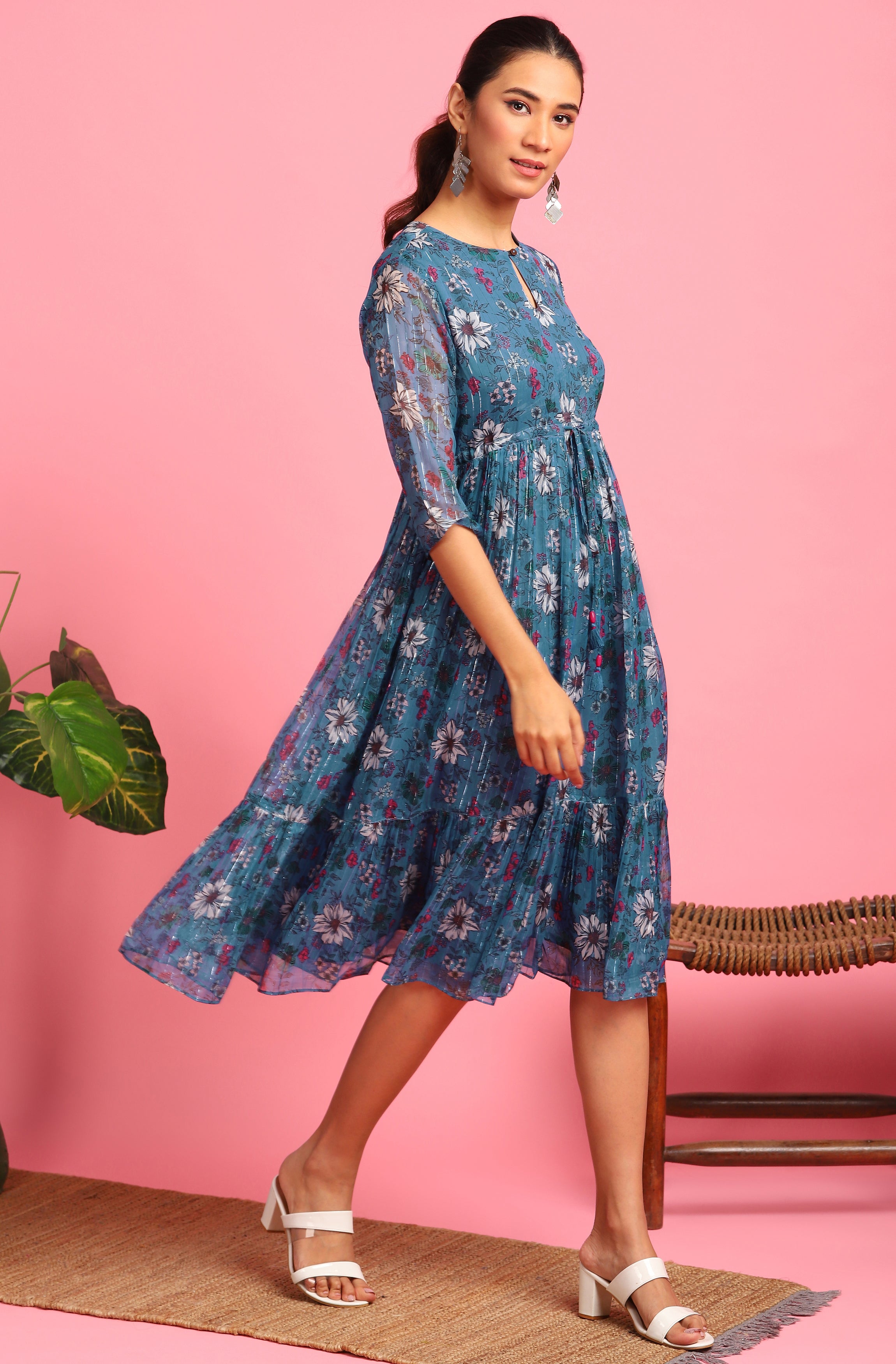 Janasya Blue Poly Georgette Floral Flared Western Dress - Distacart