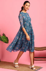 Thumbnail for Janasya Blue Poly Georgette Floral Flared Western Dress - Distacart