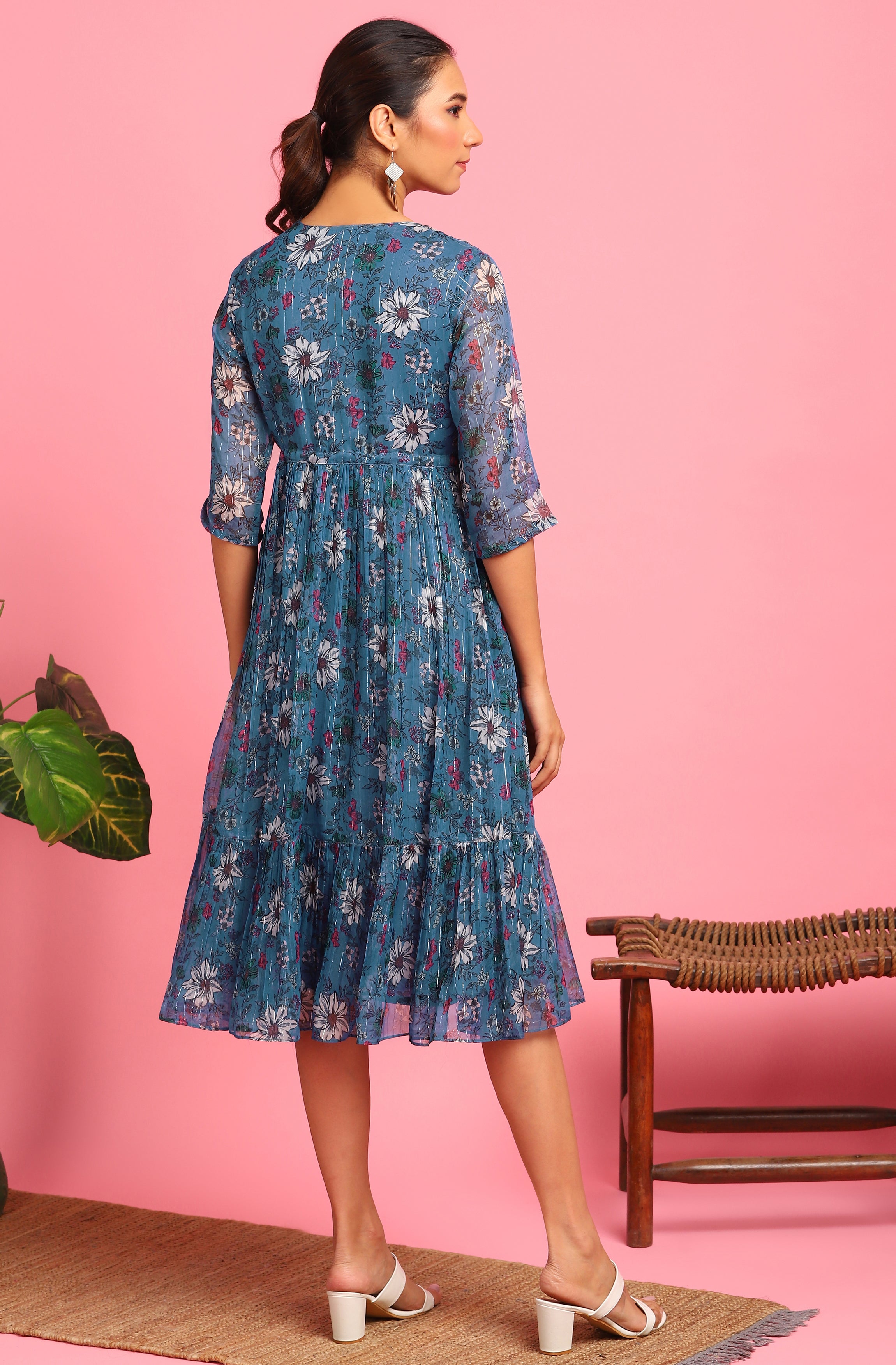 Janasya Blue Poly Georgette Floral Flared Western Dress - Distacart