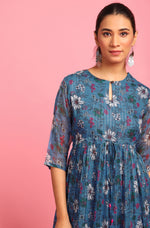 Thumbnail for Janasya Blue Poly Georgette Floral Flared Western Dress - Distacart