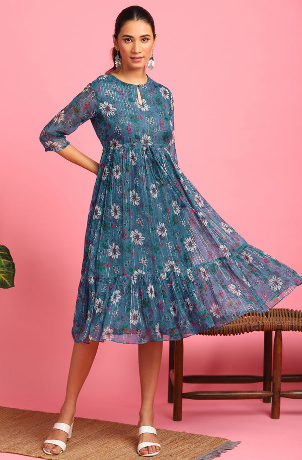 Janasya Blue Poly Georgette Floral Flared Western Dress - Distacart