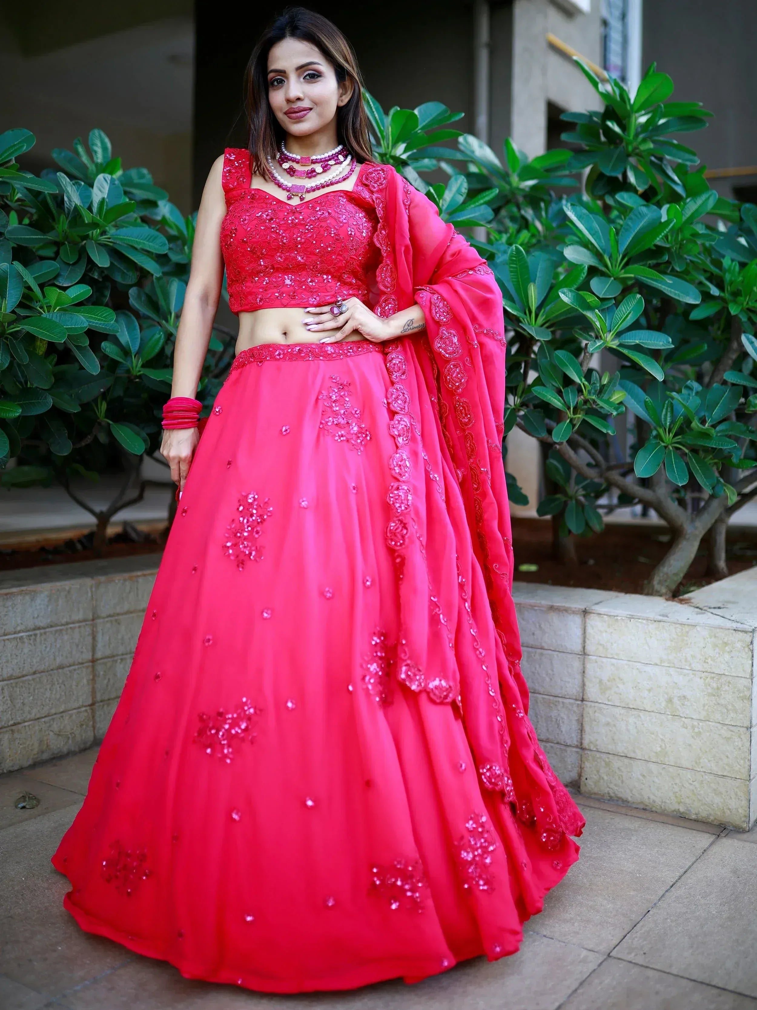 Tulsi Art Beautiful Pink Sequins Georgette Wedding Lehenga Choli With Dupatta - Dista