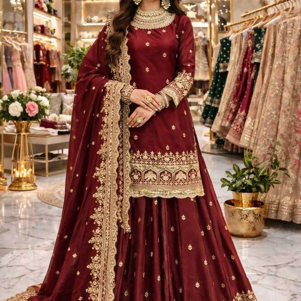 Teeya Creation Maroon Color Fendy Satin Heavy Embroidery Work Wedding Wear Stitched Lehenga Choli - Distacart