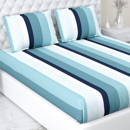Haus & Kinder Coastal Stripes Navy 100% Cotton Double Fitted Bedsheet, 186 TC - Dista